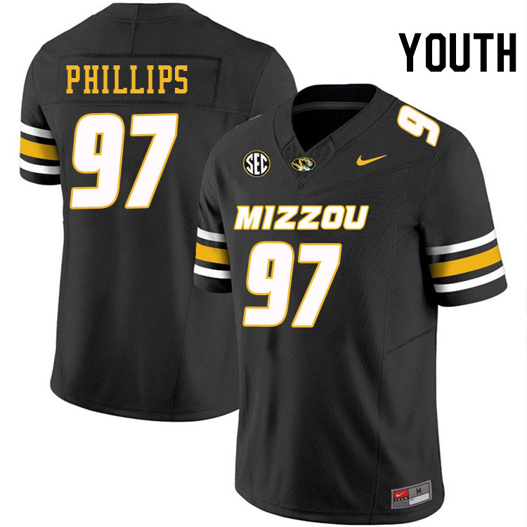 Youth #97 Orion Phillips Missouri Tigers College Football Jerseys Stitched-Black